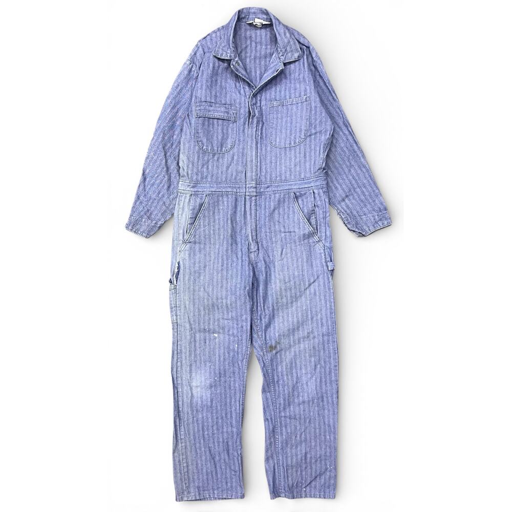Vintage Roebucks Blue Herringbone Mechanic Coveralls Jump Flight Suit Romper USA